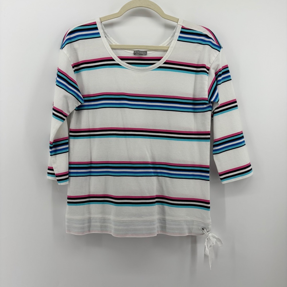 T by Talbots Top White‎ Striped Medium Petite 3/4 Sleeve Side Tie Hem Cotton